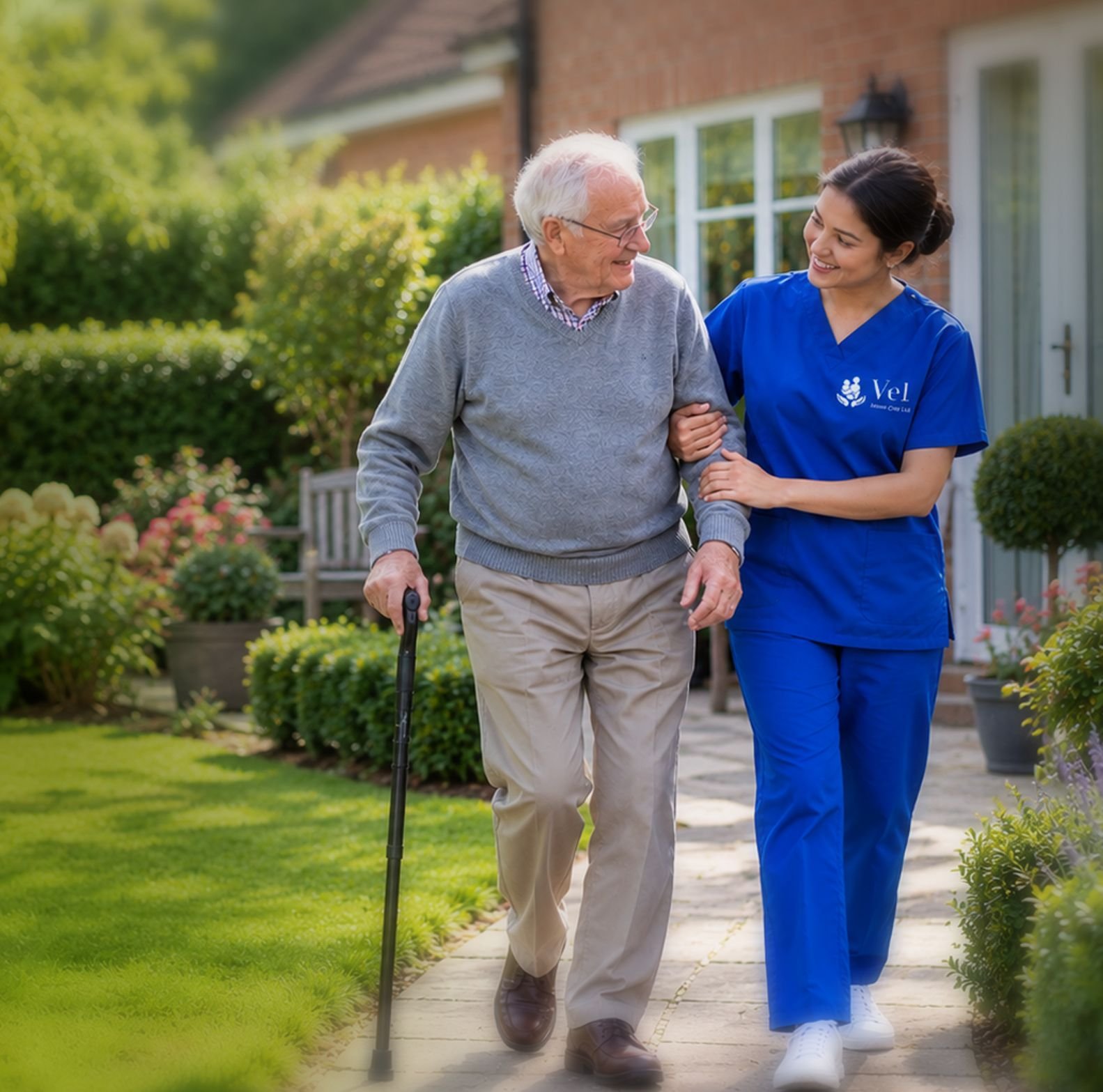 A home carer offering warm, dignified support to an older client