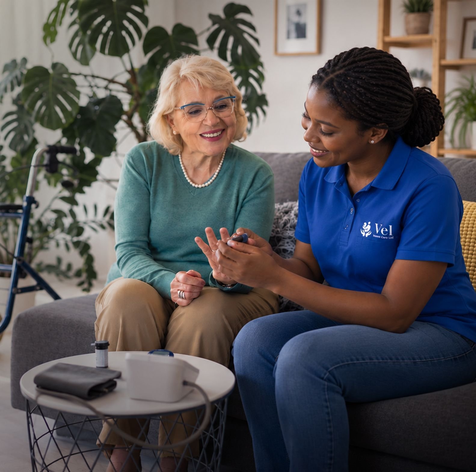 A home carer helping an older client walk safely with a frame