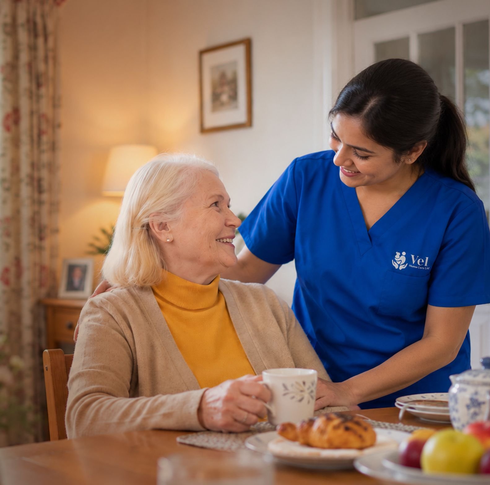A nurse reviewing a personalised digital care plan with a client