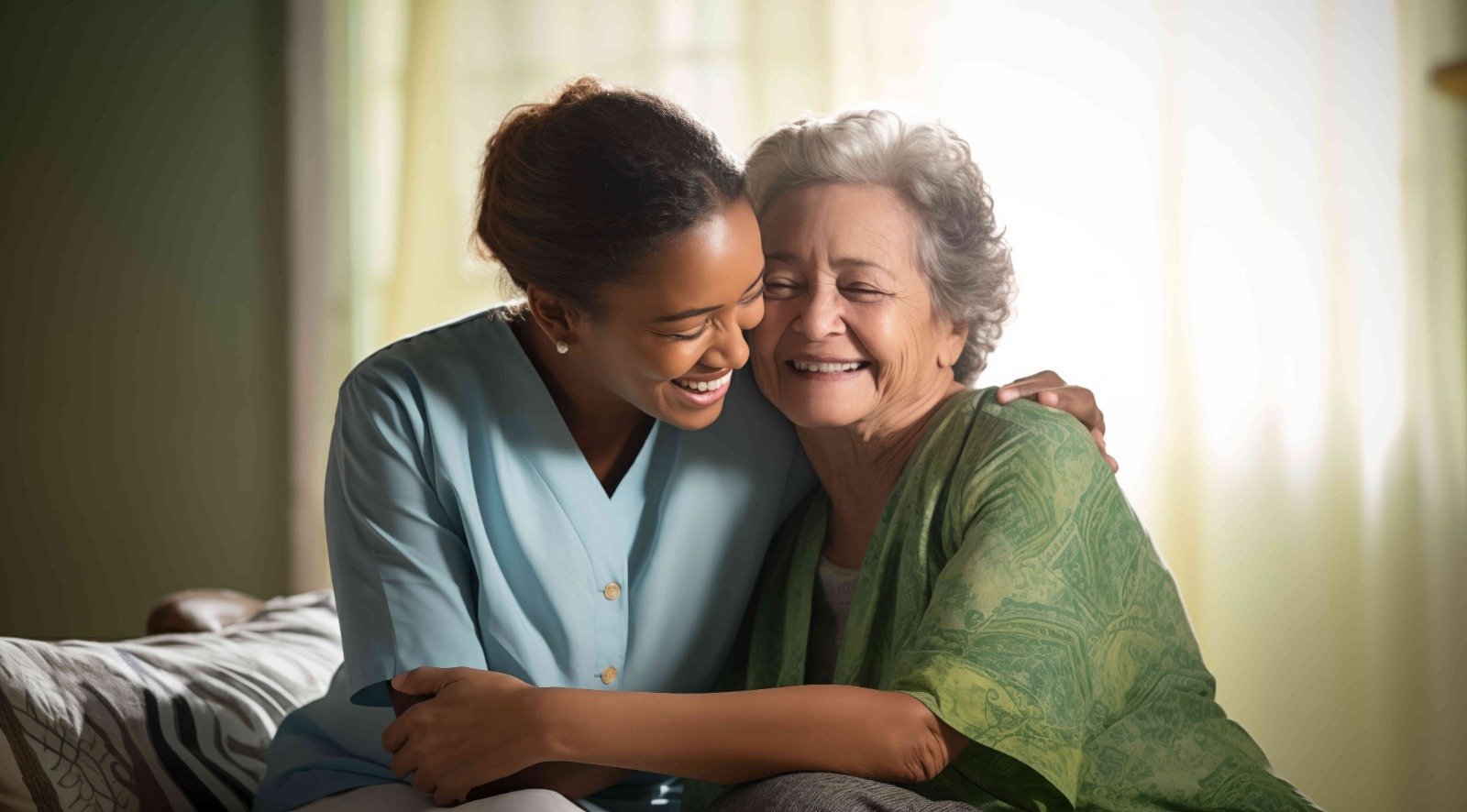 A joyful older client sharing a warm moment with her home carer
