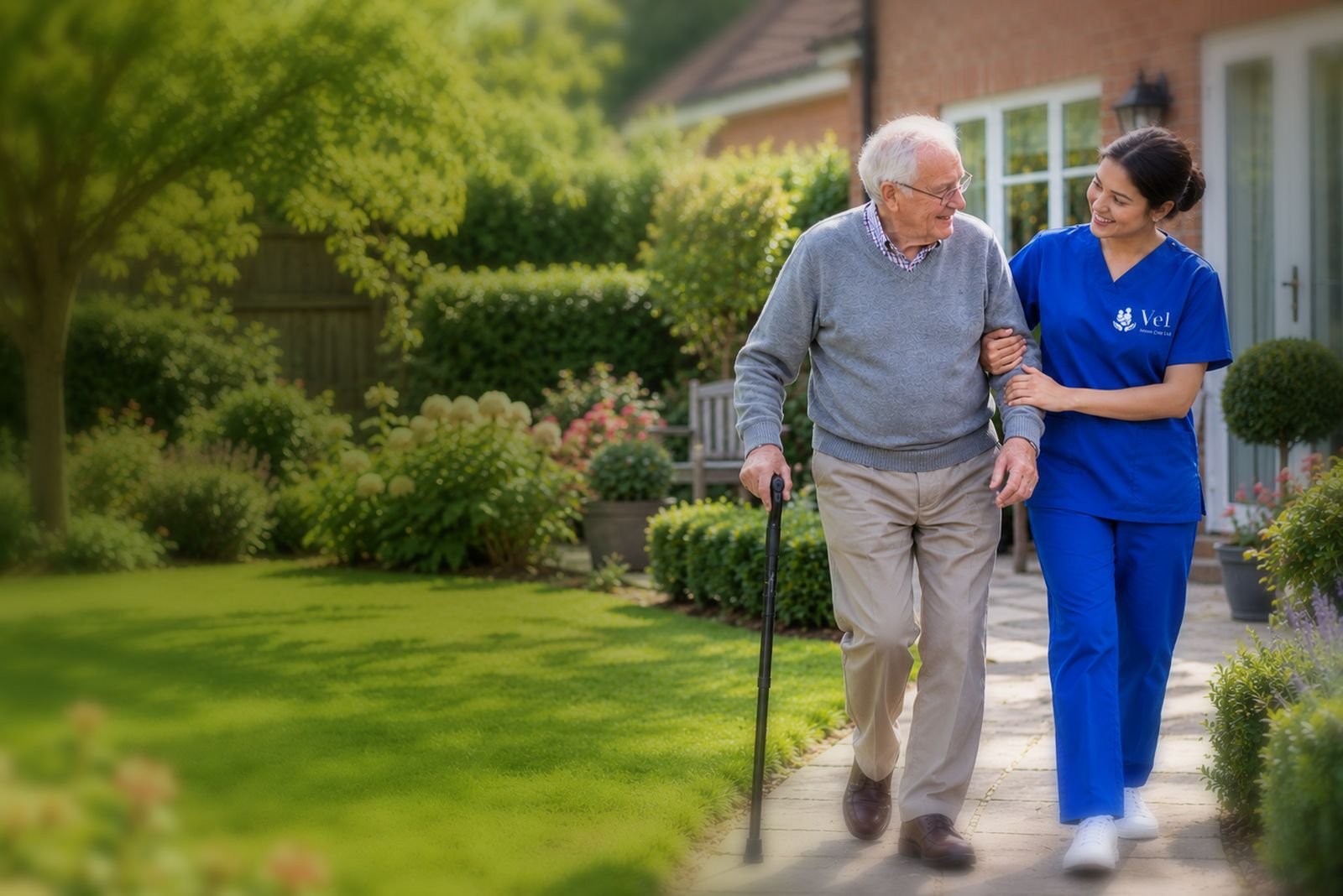 A carer providing gentle comfort and support to a client at home